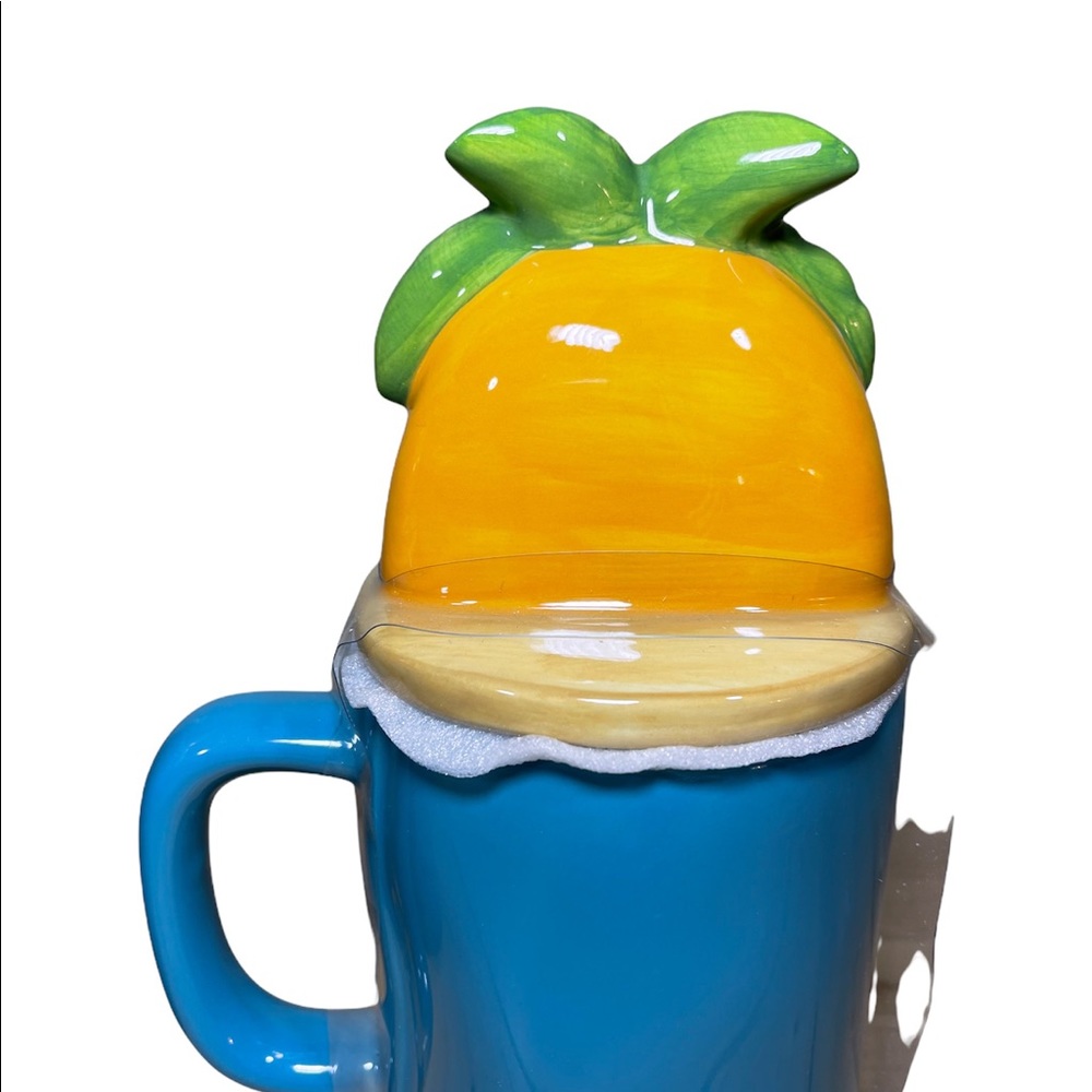 ⚡️SOLD⚡️Rae Dunn "Beach Therapy" Coffee Mug w/ Topper Lid Palm Tree 2 Set Mugs - Picture 8 of 11